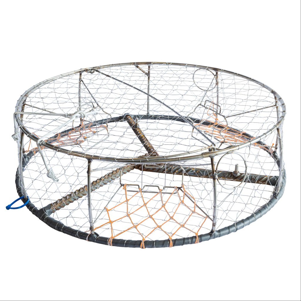 3-tunnel commercial crab trap with weaved orange twine tunnels